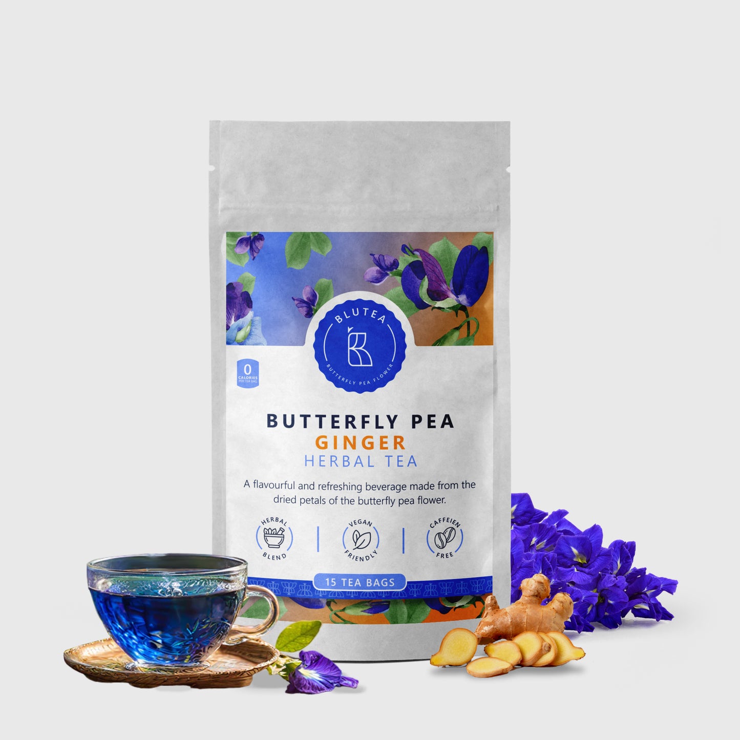 Butterfly Pea Flower Herbal Tea, Ginger Flavor, 15 Tea Bags/15 cups, Organic, Non-GMO, Gluten Free