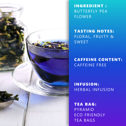 Butterfly Pea Flower Herbal Tea, Lemongrass Flavor, 15 Tea Bags/15 cups, Organic, Non-GMO, Gluten Free